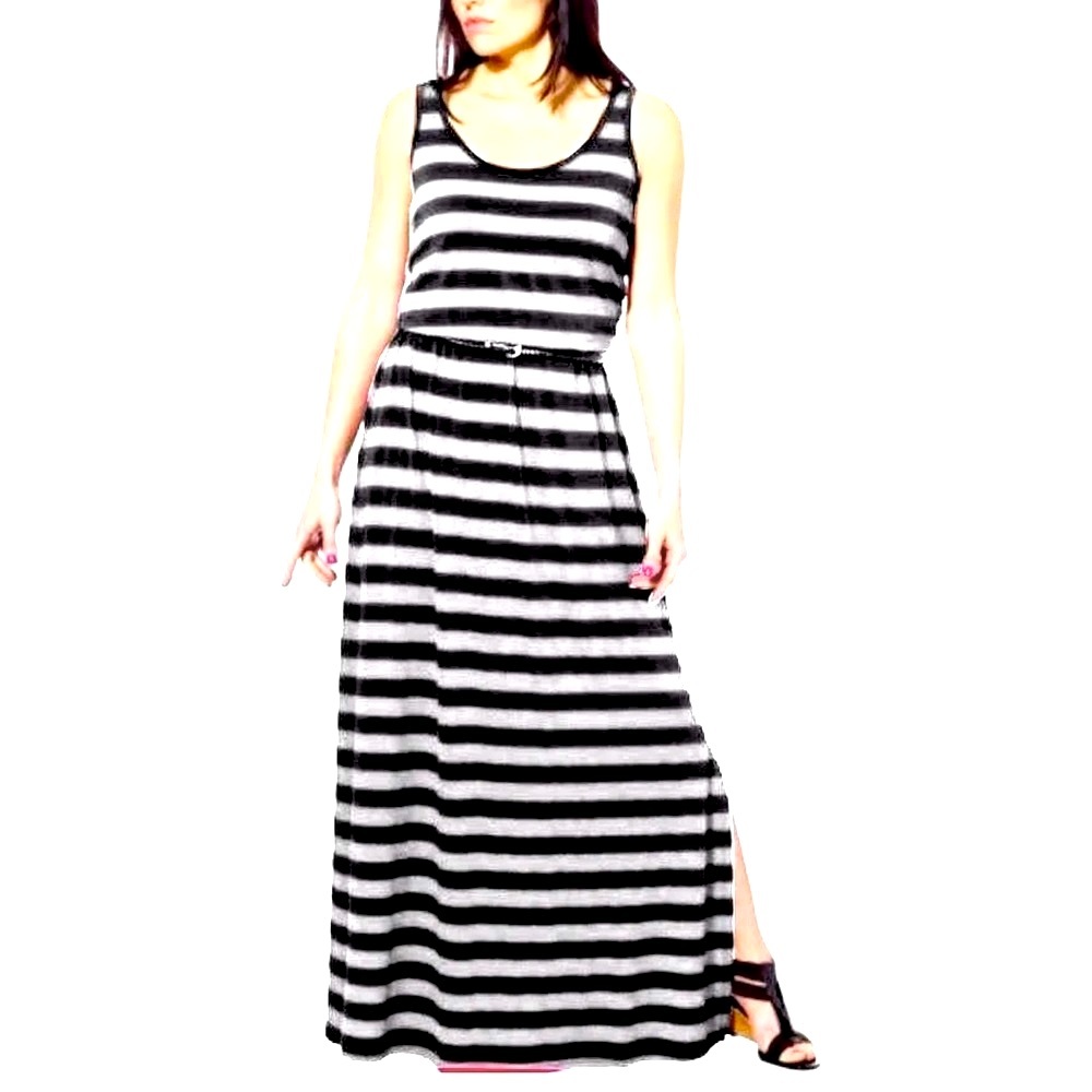 Size S NEW w/tags Fever Maxi Dress, Black & Silvery Gray Stripes